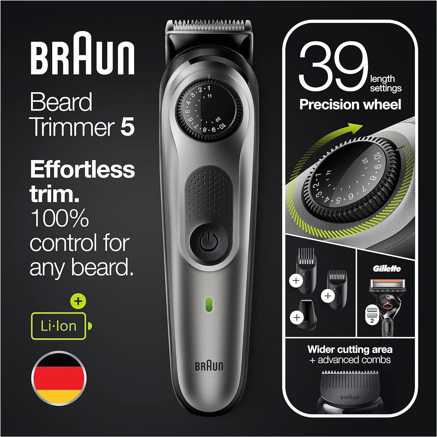 Braun Beard Trimmer Series 5 & Hair Clippers with Gillette Fusion5 ProGlide Razor, 39 Length Settings, UK 2 Pin Plug, BT5260, Black/Silver - 2